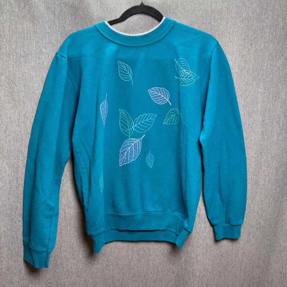 Morning Sun Women's M Vintage‎ Blue Graphic Leaf Print Sparkle Grandmacore